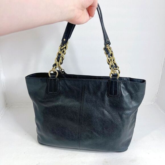Coach Madison Black Leather Tote Bag Shoulder Bag Gold Chain Purse - Picture 3 of 12
